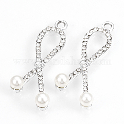 Pendenti strass in lega, con perle di plastica imitazione perla in abs, Nastro di consapevolezza, platino, 39x16x6mm, Foro: 2 mm