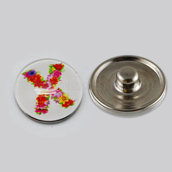 Boutons de vacances, noël plat rond avec la lettre x alliage de zinc boutons bijoux snap, avec cabochons de verre, platine, colorées, 18x8~10mm, Bouton: 5~5.5 mm