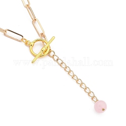 Lariat ожерелья, с круглыми бусинами из натурального розового кварца, латуни Переключить застежками, железные скрепки и картонная коробка, золотые, 16.33~16.53 дюйм (41.5~42 см)