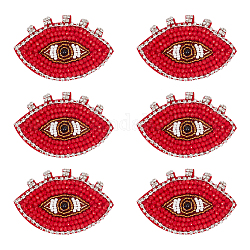 AHANDMAKER 6 Pcs Eye Beaded Patches for Clothes, Red Evil Eye Sequined Patch Sew on Rhinestone Beaded Applique for DIY Sewing Clothe Jacket Jean Bag Hat Shoe, 2.7x1.8 Inch