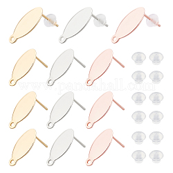 Unicraftale 30Pcs 3 Colors 304 Stainless Steel Stud Earring Findings, with Loop and Flat Plate, Oval, with 50Pcs Plastic Ear Nuts, Mixed Color, 15x7x0.8mm, Hole: 1mm, Pin:0.8mm, 10pcs/color