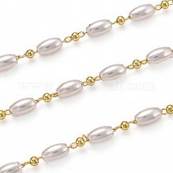 3.28 Feet Handmade Brass Link Chains, with Acrylic Imitation Pearl, Long-Lasting Plated, Soldered, Golden, Links: 1.7x2.1mm, Acrylic Pear: 5.8x3.4mm