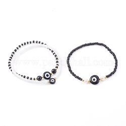 Bracelets extensibles en perles de verre, bracelets empilables, avec des perles de nacre naturelle, perles synthétiques en pierre noire et perles au chalumeau mauvais œil, noir, diamètre intérieur: 2-1/8~2-1/4 pouce (5.4~5.6 cm), 3 pièces / kit