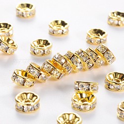 Séparateurs perles en laiton avec strass, plaqué or, rondelle, sans nickel, cristal, 8x3.8mm, Trou: 1.5mm
