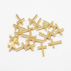 Encantos de cruz diminutos de latón, Plateado de larga duración, real 18k chapado en oro, 13x8.5x2mm, agujero: 0.5 mm