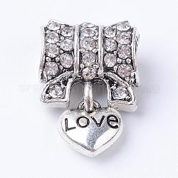Ciondoli pendenti europei con strass in lega, Ciondoli di grandi dimensioni, cuore, argento antico, cirstallo, 18.5x13x7~7.5mm, Foro: 4 mm
