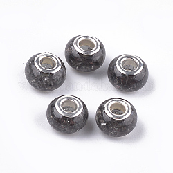 Granos europeos de resina crujiente, Abalorios de grande agujero, Con núcleos de latón plateado color plata, rerondana plana, negro, 13.5~14x8.5~9mm, agujero: 5 mm