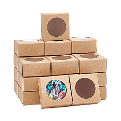 Boîte cadeau en papier kraft, boîte pliante avec fenêtre, rectangle, tan, motif rond, 6.3x6.3x3 cm