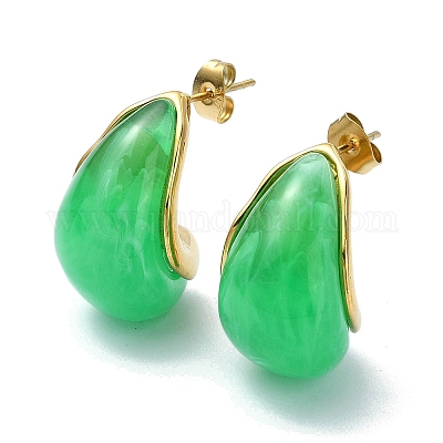 Boucles D'oreilles Vert émeraude - Acier Doré - Neuves Avec étiquettes