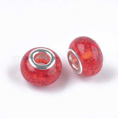 Crackle Resin European Beads, Large Hole Beads, with Silver Color Plated  Brass Cores, Rondelle, Mixed Color, 13.5~14x8.5~9mm, Hole: 5mm