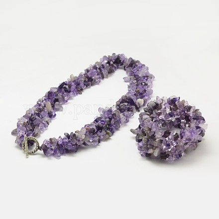 Chip Amethyst Beads Bracelets & Necklaces Jewelry Sets X-SJEW-F133-12-1