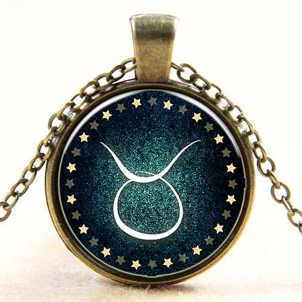 Taurus Constellation/Zodiac Sign Flat Round Glass Pendant Necklaces NJEW-N0051-022B-01-1