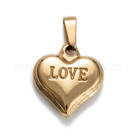 バレンタインデー201ステンレスチャーム  単語「love」付けのハート  ゴールドカラー  19x17x5mm  穴：7x3.5mm STAS-I159-02C-G-1