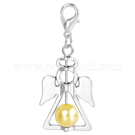 合金の天使のペンダントの装飾  CCB模造パール付き  シャンパンイエロー  4.4x1.9cm KEYC-PW0009-04E-1