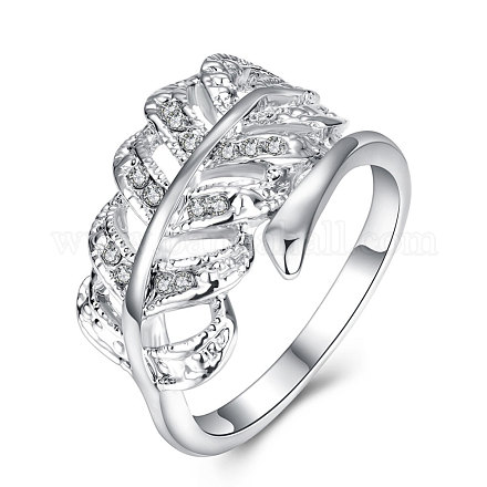 女性のための葉のスズ合金チェコラインストーンパーティー指輪  プラチナ  サイズ8  18.1mm RJEW-BB15377-8P-1