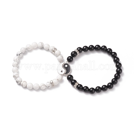 Ensemble de bracelets extensibles en perles d'agate noire naturelle (teinte) et de howlite BJEW-TA00163-1