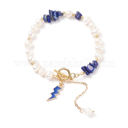 Bracelet en perles de lapis-lazuli naturel et perles avec breloques éclair en émail BJEW-JB08332-11-1