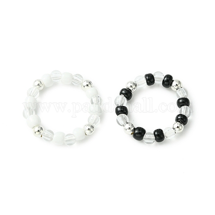 2Pcs 2 Color Acrylic & Glass Seed Beaded Stretch Rings Set for Women RJEW-JR00593-1