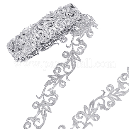 ポリエステルメタリック糸刺繍アップリケリボン  ミシンクラフト装飾  花柄刺繍アイロン接着トリミング  銀  4000x35x1.5mm DIY-WH0032-59B-1