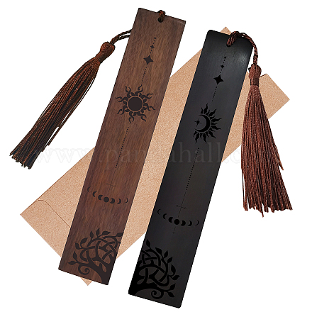 CRASPIRE Wood Bookmark 2 Colors Sun & Moon Engraved Book Mark Gifts Tree of Life Bookmarks with Tassel Pendant for Book Lovers Teacher Students AJEW-CP0001-78I-1