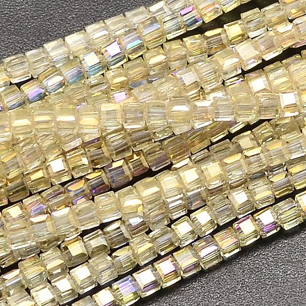 Faceted Cube Full Rainbow Plated Transparent Electroplate Glass Beads Strands EGLA-J133-FR09-1