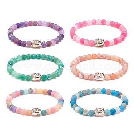 6 pièces 6 couleurs agate patinée naturelle (teinte) ronde et alliage tête de bouddha perlée ensemble de bracelets extensibles BJEW-JB08986-1