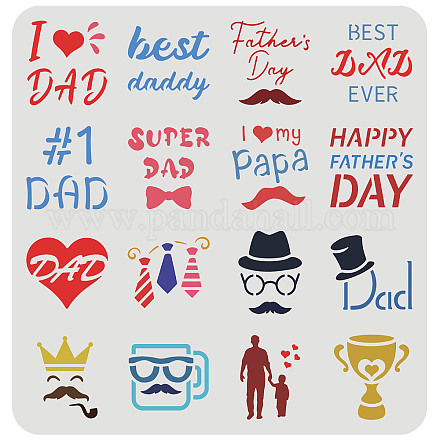 FINGERINSPIRE Father's Day Cookie Stencil 30x30cm Reusable 16 Patterns Father's Day Theme Painting Stencil PET Beard Heart Tie Hat DIY Drawing Template Dad Papa Craft Stencils for Home Decor DIY-WH0383-0030-1