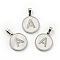304 Stainless Steel with White Shell Pendants, Stainless Steel Color, Flat Round with Letter Charm, Letter.A, 18x16x1.5mm, Hole: 3x6mm