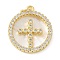 Brass Micro Pave Cubic Zirconia Pendants, Flat Round, with Shell, Real 18K Gold Plated, Lead Free & Cadmium Free, Long-Lasting Plated, with Jump Ring, Cross, 19.5x17x3mm