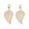 Brass Micro Pave Cubic Zirconia Pendants, Leaf, with Jump Ring, Real 16K Gold Plated, 24x12x2mm, Hole: 3mm