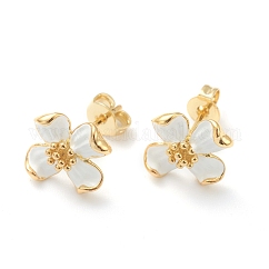 Pendientes de esmalte de latón, con las tuercas de oreja, flor, real 18k chapado en oro, blanco, 11x12mm, pin: 0.8 mm