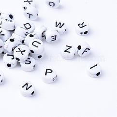 Cuentas de letras de agujero horizontal de acrílico artesanal, plano y redondo, negro, carta, 6~7x3.5~4mm, agujero: 2 mm, aproximamente 3600 unidades / 500 g