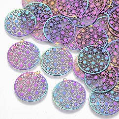 Colgantes de filigrana de acero inoxidable con revestimiento iónico (IP) 201, adornos de metal grabados, plano y redondo, color del arco iris, 21.5x20x0.3mm, agujero: 1 mm