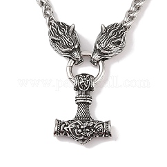 304 Edelstahl Wolfskopf König Weizen Kette Wikinger Mjolnir Thor Hammer Anhänger Halsketten für Männer, Antik Silber Farbe, 23.39 Zoll (59.4 cm)
