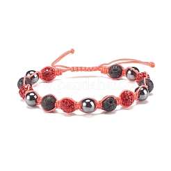 Bracelet de perles tressées en hématite synthétique et pierre de lave naturelle avec boule de disque en strass&nbsp;BJEW-JB07895