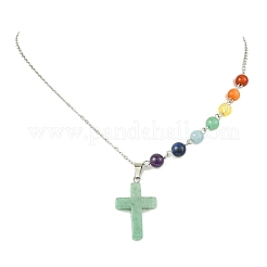 Chakra-Anhänger aus natürlichem grünem Aventurin mit religiösem Kreuzmotiv&nbsp;NJEW-JN06268-01