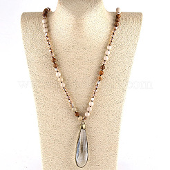 Collier long en perles rondes de style bohème avec pendentif en forme de larme en jaspe naturel et jade blanc pour femme&nbsp;FS-WG767EC-04