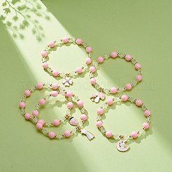 Bracciale elasticizzato con perline in acrilico rosa e ematite sintetica con ciondoli smaltati in lega da donna&nbsp;BJEW-JB08726