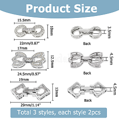 6 Stück 3 Stile Rack-Beschichtung Messing Micro Pave klare Zirkonia Faltverschlüsse&nbsp;KK-HS0001-02P