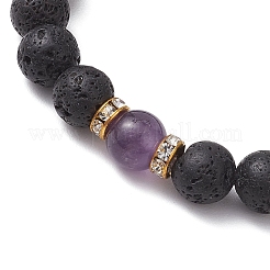 Braccialetti elasticizzati con perline rotonde di ametista naturale e roccia lavica da donna&nbsp;BJEW-JB10797-01