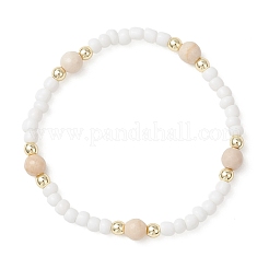 Braccialetti elastici con perline rotonde in vetro e fossili naturali per donna&nbsp;BJEW-JB13308-01