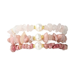 Ensemble de 3 bracelet extensible en perles de culture d'eau douce et en pierres naturelles mélangées (3 styles différents) pour femme.&nbsp;BJEW-JB13762-04
