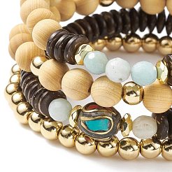 4 pz 4 braccialetti elastici in legno con fiori naturali in amazonite ed ematite sintetica con perline indonesiane&nbsp;BJEW-JB08360