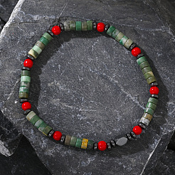 Bracelets extensibles en perles de corail rouge naturel et de jaspe vert pour hommes&nbsp;NL0461