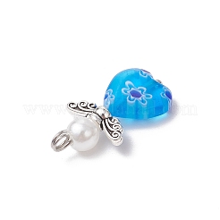 Perles de verre millefiori faites à la main et perles rondes en plastique ABS imitation perle et perles d'ailes de fée en alliage de style tibétain et pendentifs à tête sphérique en acier inoxydable 304&nbsp;PALLOY-JF03740-02