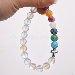 Braccialetti elastici con perle rotonde in pietra di luna naturale e agata satinata per uomo e donna&nbsp;HA0500