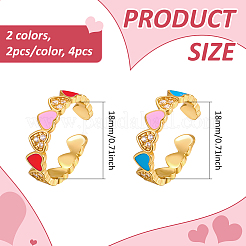 4 Stück 2 Farben Herz Messing Micro Pave klare Zirkonia Emaille Manschettenringe für Frauen&nbsp;RJEW-HY0001-33