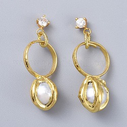 Brass Dangle Stud Earrings, with Pearl Beads, Rhinestone and Ear Nuts, Round, Golden, 50~52mm, Pin: 0.8mm