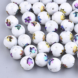 Autumn Theme Electroplate Glass Beads, Round with Maple Leaf Pattern, Colorful, 8~8.5mm, Hole: 1.5mm