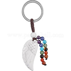 Porte-clés pendentif aile en howlite naturelle 7 chakra, avec porte-clés en alliage de ton platine et perles rondes en pierres précieuses, 7.6~8 cm